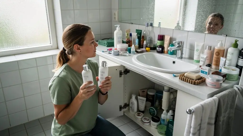 A woman kneels in her bathroom, comparing two similar cleanser bottles laid out with the rest of her beauty products spread across the counter and open cabinet.
