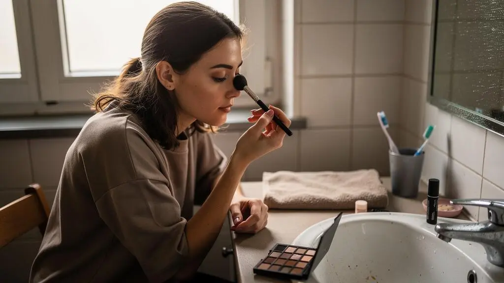 A woman blending eyeshadow in her crease with a single fluffy blending brush at a bathroom vanity in natural light.