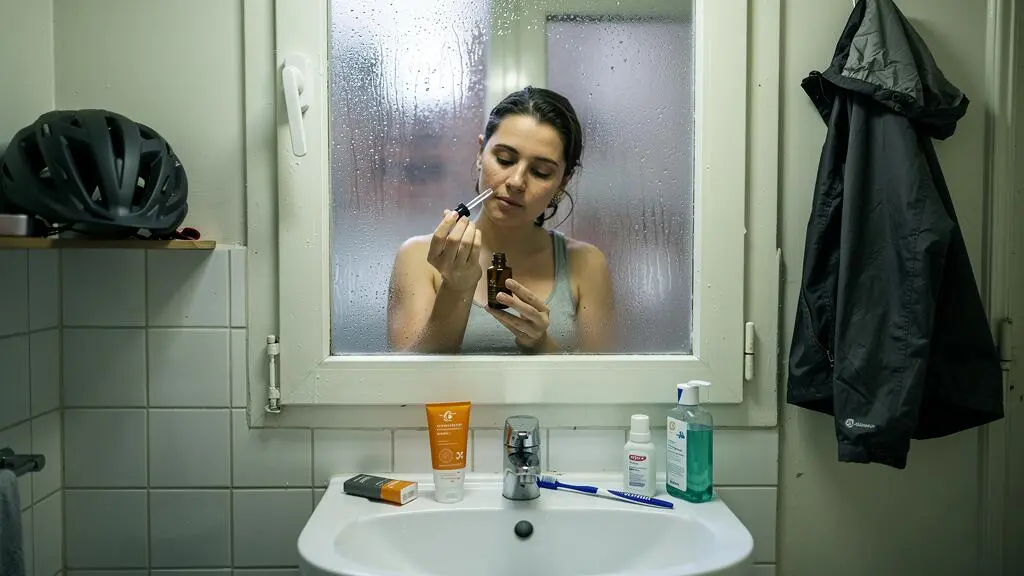 A woman applying a serum to her cheek in a small Brussels bathroom, with sunscreen and cleanser on the sink edge and a bicycle helmet nearby.