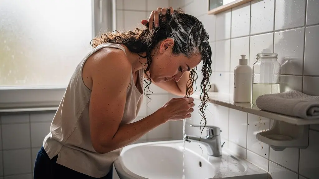 A woman with curly hair massaging chelating shampoo into her scalp over a bathroom sink in a Belgian apartment.