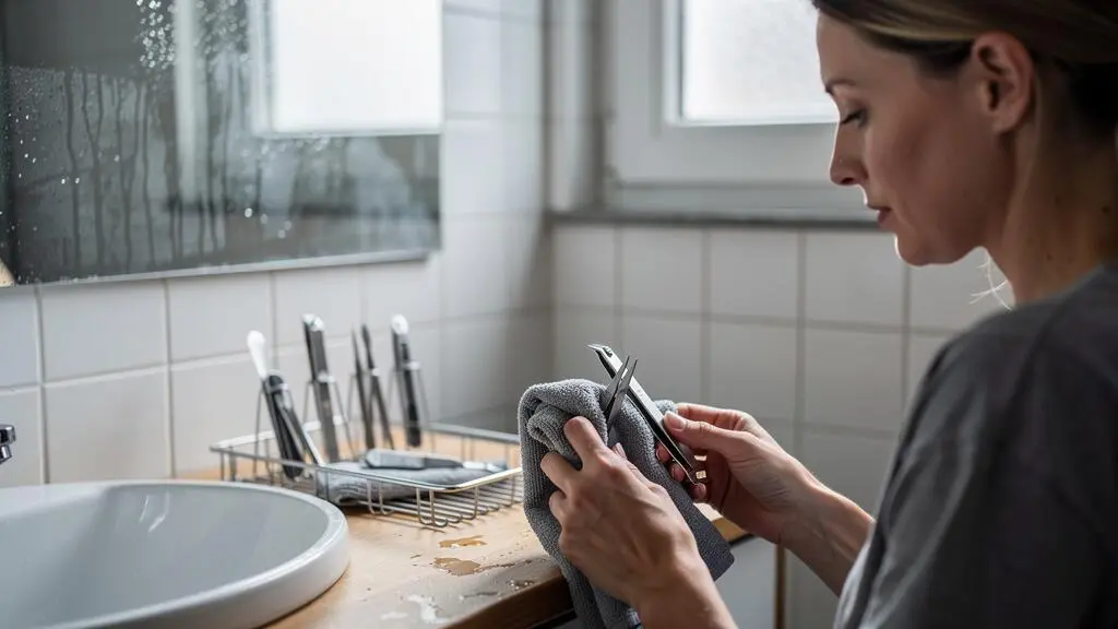 A woman dries stainless steel tweezers and nail tools with a towel on a bathroom vanity after a hot shower.