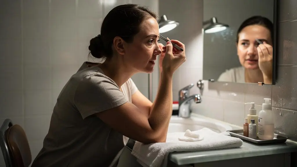 A woman tweezing her eyebrows with a slant-tip tweezer, elbow braced on a towel-covered table under a side-positioned daylight lamp.
