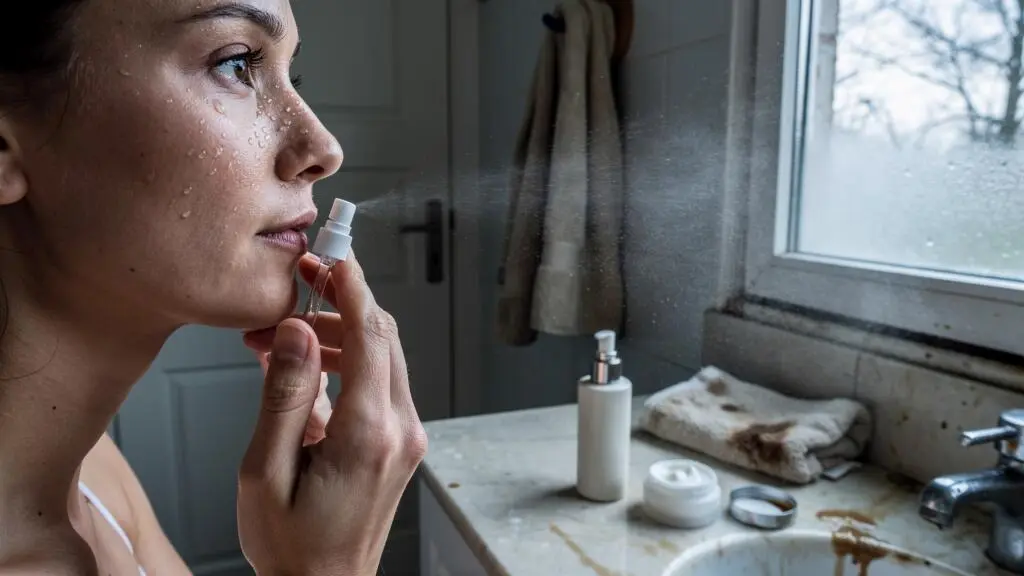 A woman with a damp face applying hyaluronic serum with her fingertips in a bathroom, with a mist bottle and moisturizer on the counter before going out into cold weather.