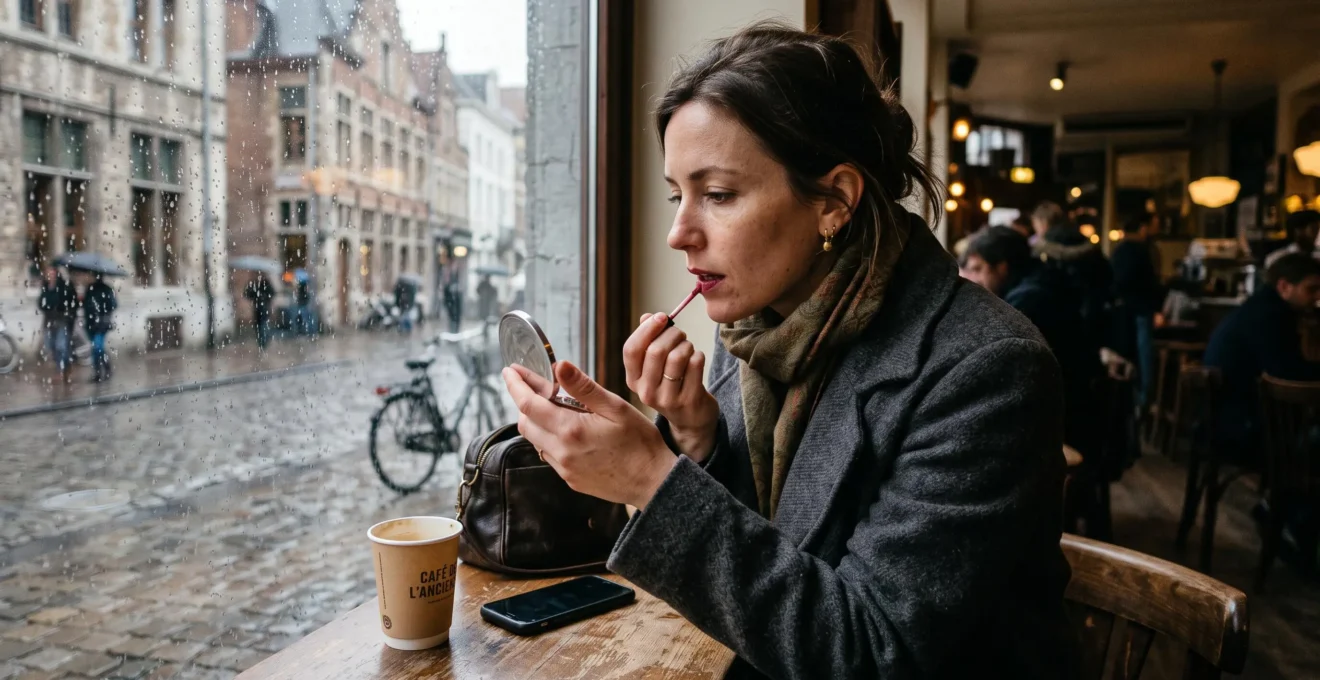 A woman applies a lip stain with a small applicator at a café table, checking a compact mirror, with a coffee cup and rainy Belgian street visible behind her.