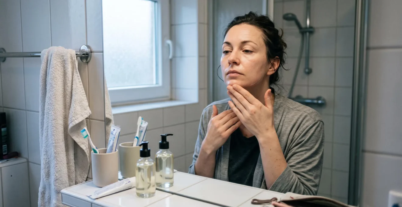 A woman performing gentle sweeping facial massage strokes along her jawline with lubricated fingertips at a bathroom sink in the morning.
