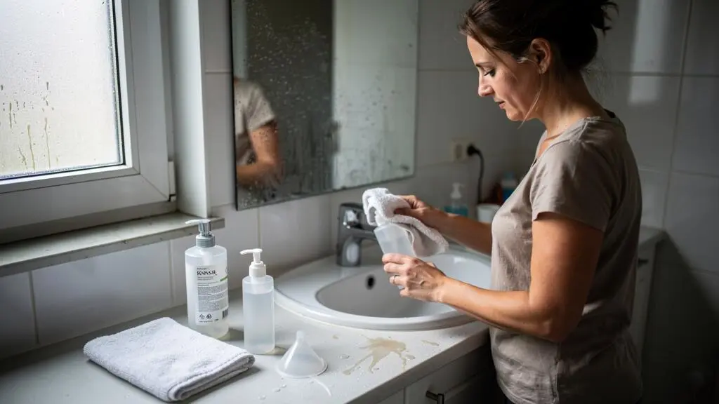 A woman washes and dries an empty pump bottle at a bathroom counter before refilling it, with a sealed refill pod beside her.