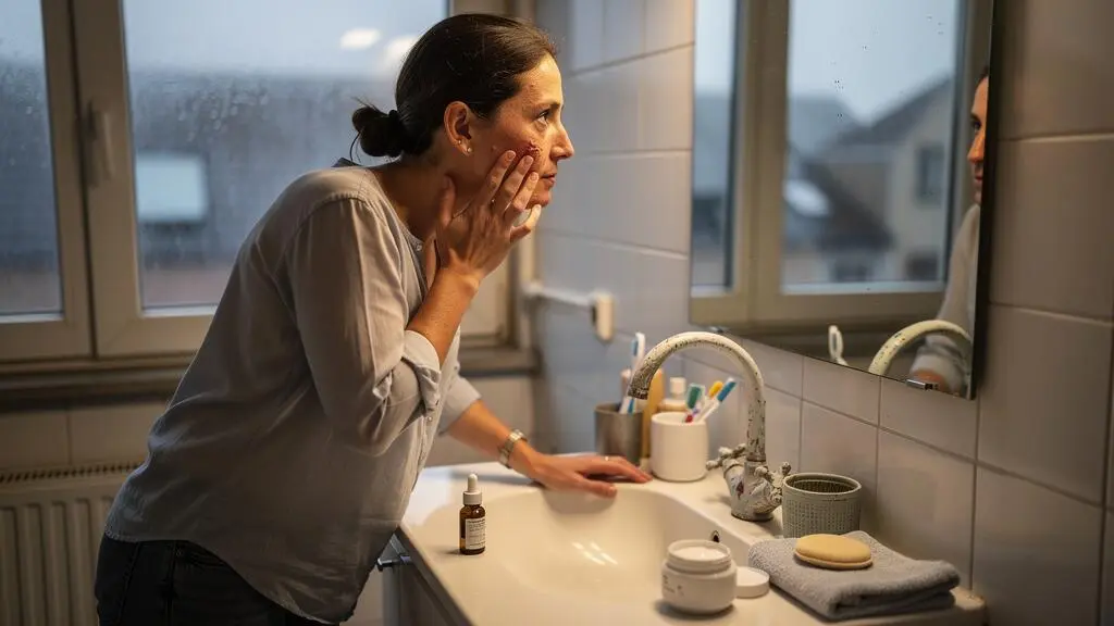 A woman examines the skin on her cheeks in a bathroom mirror, with serum and moisturiser bottles placed on the sink counter beside her.