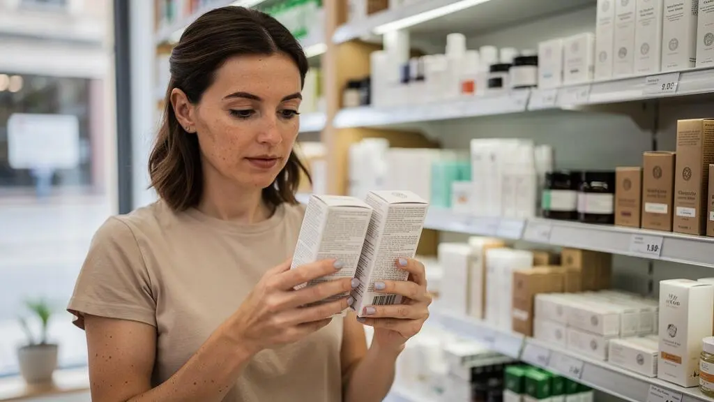 A woman in a cosmetics store compares the labels of two skincare products while shopping.